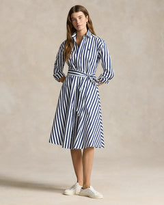 Model wearing Polo Ralph Lauren - Belted Wide-Stripe Cotton Shirtdress in Navy/White.