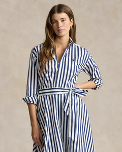 Model wearing Polo Ralph Lauren - Belted Wide-Stripe Cotton Shirtdress in Navy/White.