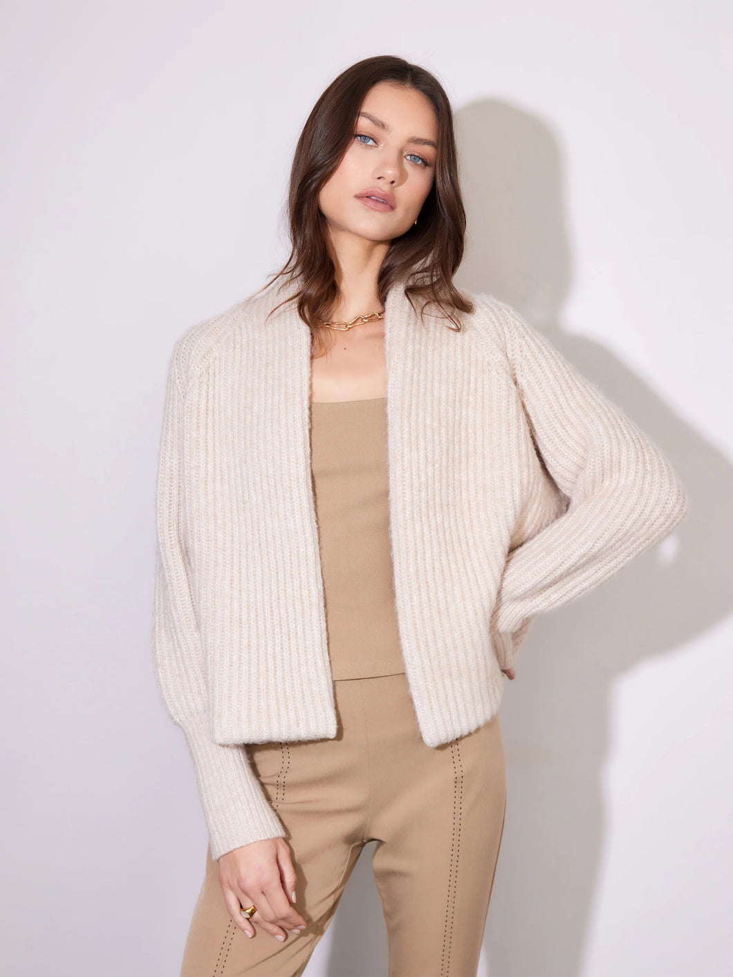 Model wearing Fifteen Twenty - Cely Cropped Cardigan in Bone.