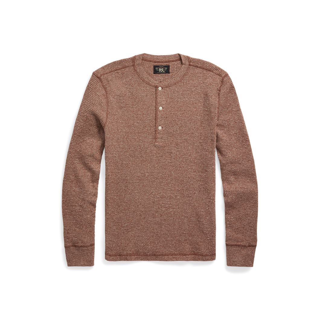 RRL - L/S Waffle Knit Henley in Brown Heather.