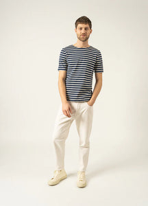 Model wearing Saint James - Levant Modern Striped SS Shirt in Marine/Ecru.