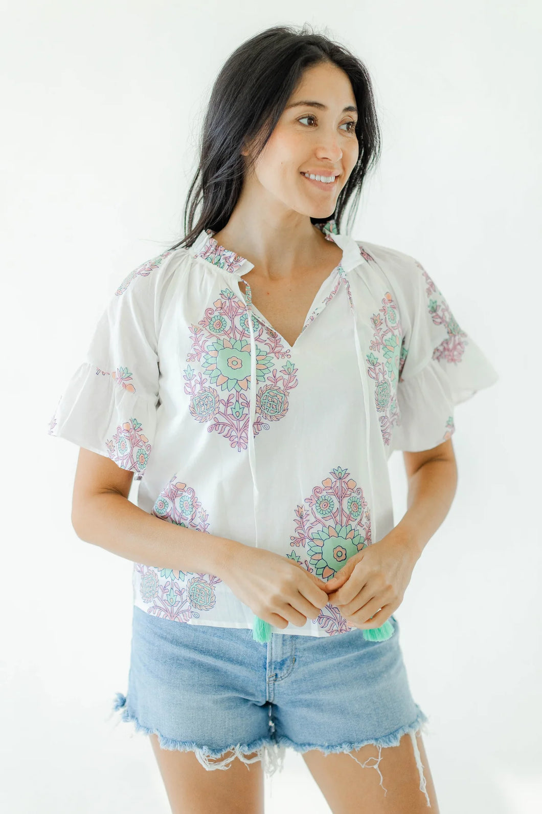 Model wearing Victoria Dunn - Bristol Blouse in Golden Hour.