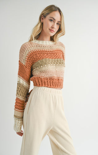 Model wearing Sadie & Sage - Butter Pecan Chunky Sweater Brick Multi.