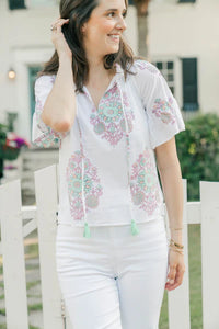 Model wearing Victoria Dunn - Bristol Blouse in Golden Hour.