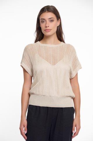 Model wearing Rino & Pelle - Enke Open Knitted SS Top in Birch.