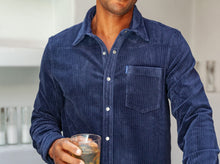 Load image into Gallery viewer, Model wearing Criquet - Velour Rib Knit Pearl Snap Button Down in Navy.
