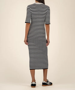 Model wearing Kut from the Kloth - Apollonia Knit V-Neck Dress in Black/White - back.