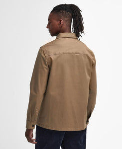 Model wearing Barbour Ruxton Tailored Stretch Twill Overshirt in Stone - back.