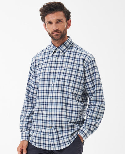 Model wearing Barbour Turville Checked Shirt in Blue.