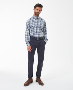 Model wearing Barbour Turville Checked Shirt in Blue.