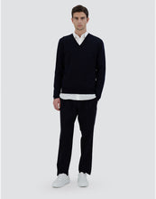 Load image into Gallery viewer, Model wearing Herno Men&#39;s Wool V-Neck LS Sweater in Blue.
