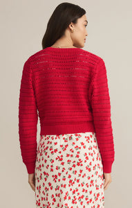 Model wearing ZSupply - Romance Cardigan in Cherry - back.