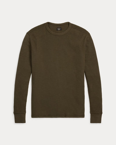 RRL - Long Sleeve Garment Dyed Waffle-Knit Crewneck T-Shirt in Olive Brown.