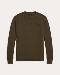 RRL - Long Sleeve Garment Dyed Waffle-Knit Crewneck T-Shirt in Olive Brown.