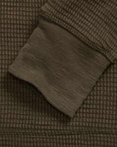 RRL - Long Sleeve Garment Dyed Waffle-Knit Crewneck T-Shirt in Olive Brown.