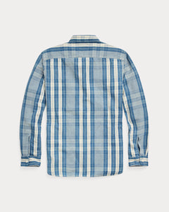 RRL - Indigo Plaid Cotton-Linen Workshirt in Indigo/Creme - back.