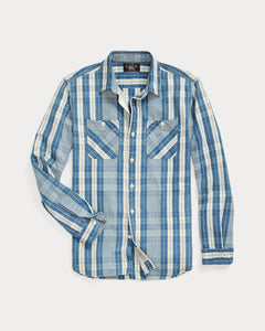 RRL - Indigo Plaid Cotton-Linen Workshirt in Indigo/Creme.