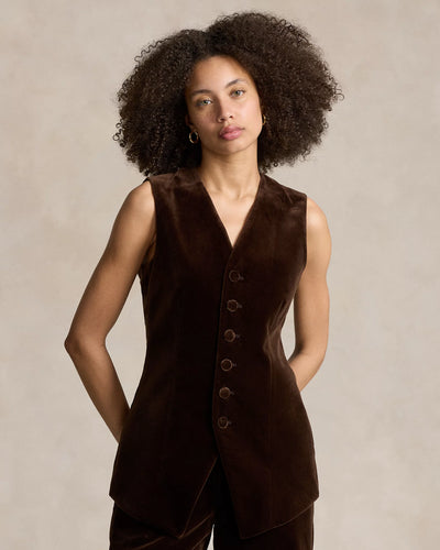 Model wearing Polo Ralph Lauren - Long Velvet Vest in Circuit Brown.