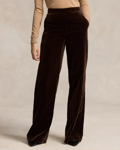 Model wearing Polo Ralph Lauren - Stretch-Cotton Velvet Wide-Leg Pant in Circuit Brown.