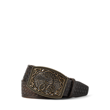 Load image into Gallery viewer, RRL - Leather/Brass Motorcycle Graphic Wesley Belt in Black/RRL Vintage Brass.
