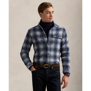 Model wearing POLO Ralph Lauren - LS Knit Flannel Button-Down Sportshirt in Navy.