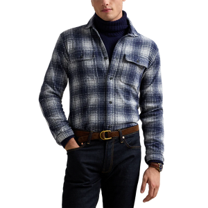 Model wearing POLO Ralph Lauren - LS Knit Flannel Button-Down Sportshirt in Navy.