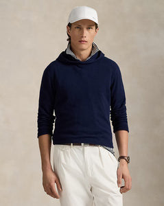 Model wearing RLX - Ralph Lauren Washable Cashmere Hoodie Sweater in Navy.