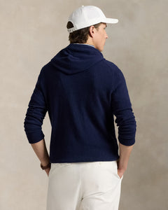 Model wearing RLX - Ralph Lauren Washable Cashmere Hoodie Sweater in Navy - back.