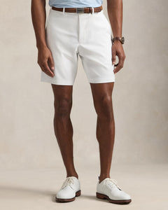 Model wearing RLX - Ralph Lauren 9-Inch Tailored Fit Performance Short in Ceramic White.