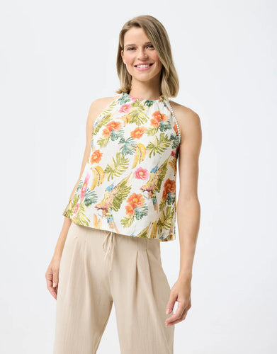 Model wearing Leo & Ugo Olivia Floral Tie Back Top in Off White/Floral.