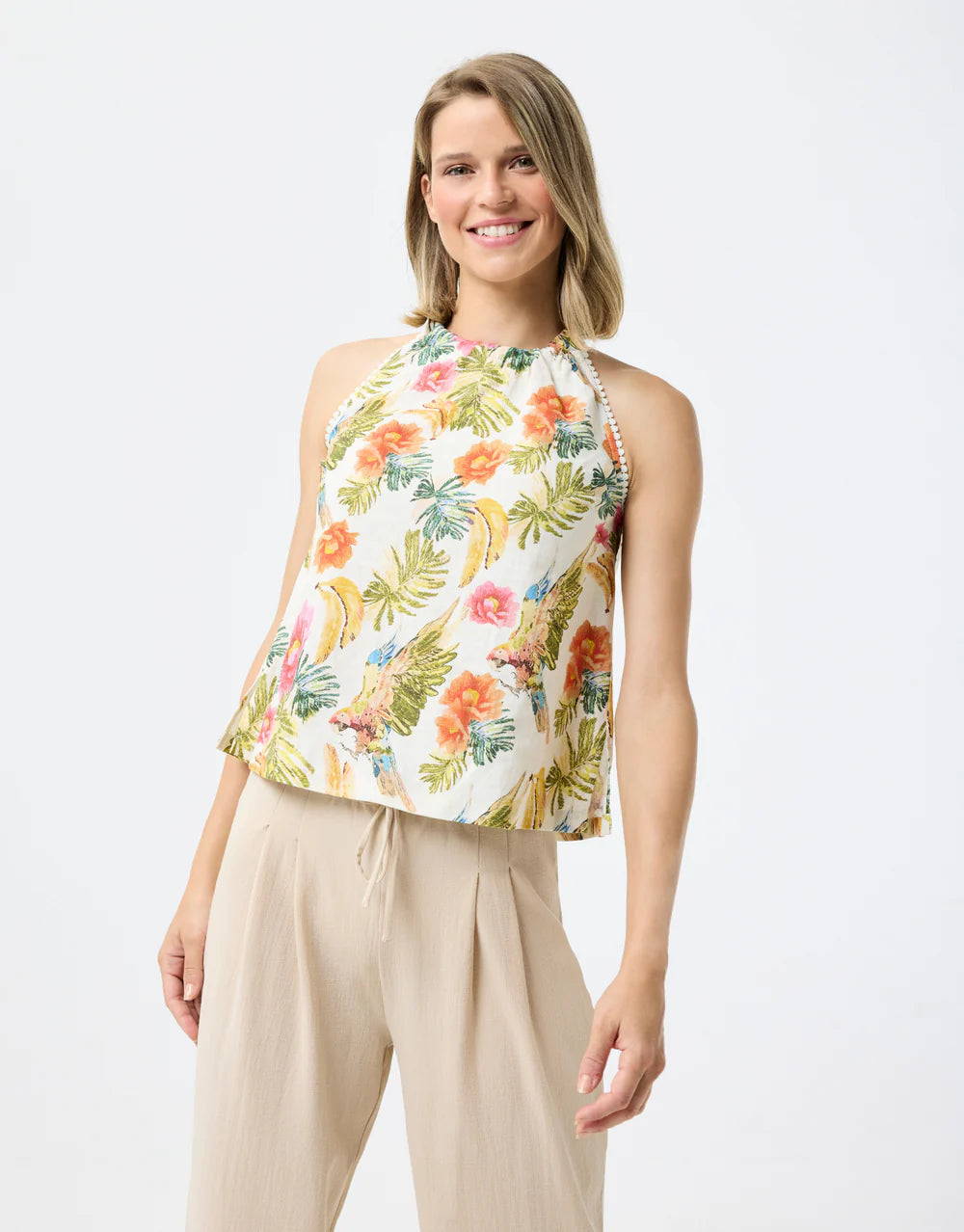 Model wearing Leo & Ugo Olivia Floral Tie Back Top in Off White/Floral.